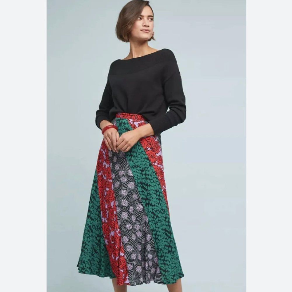 Maeve by Anthropologie Foster Patchwork Dark Florals Midi Skirt, Size 4